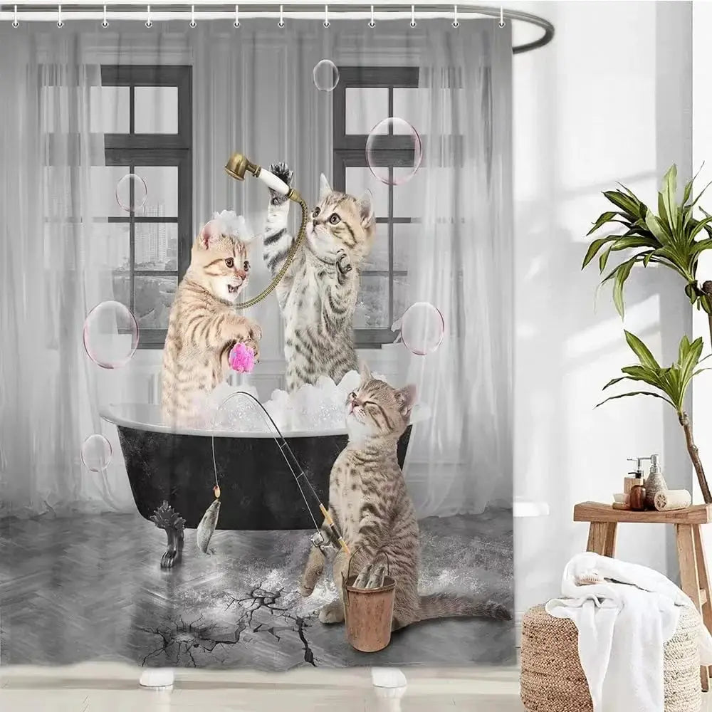 Funny Cat Shower Curtain Fun Animal in Bathtub with Fish Cloth Fabric Shower Curtain Hilarious Pet Bathroom Decor Set with Hooks from PriceLows™