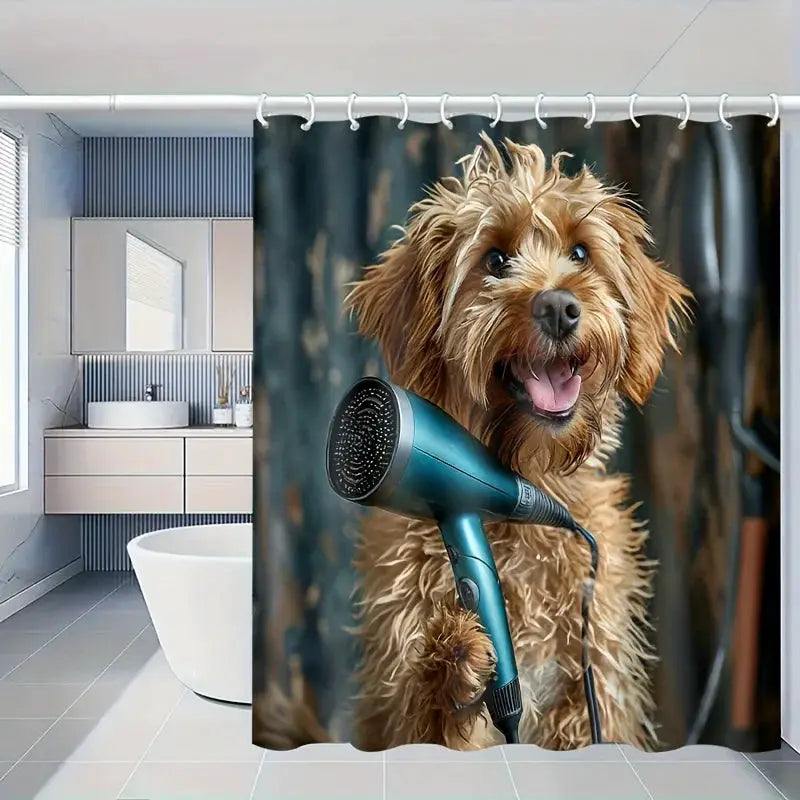 Funny Dog With Hairdryer Shower Curtain, Cute Pet Grooming Bathroom Decor, Waterproof Polyester Fabric Bath Screen from PriceLows™