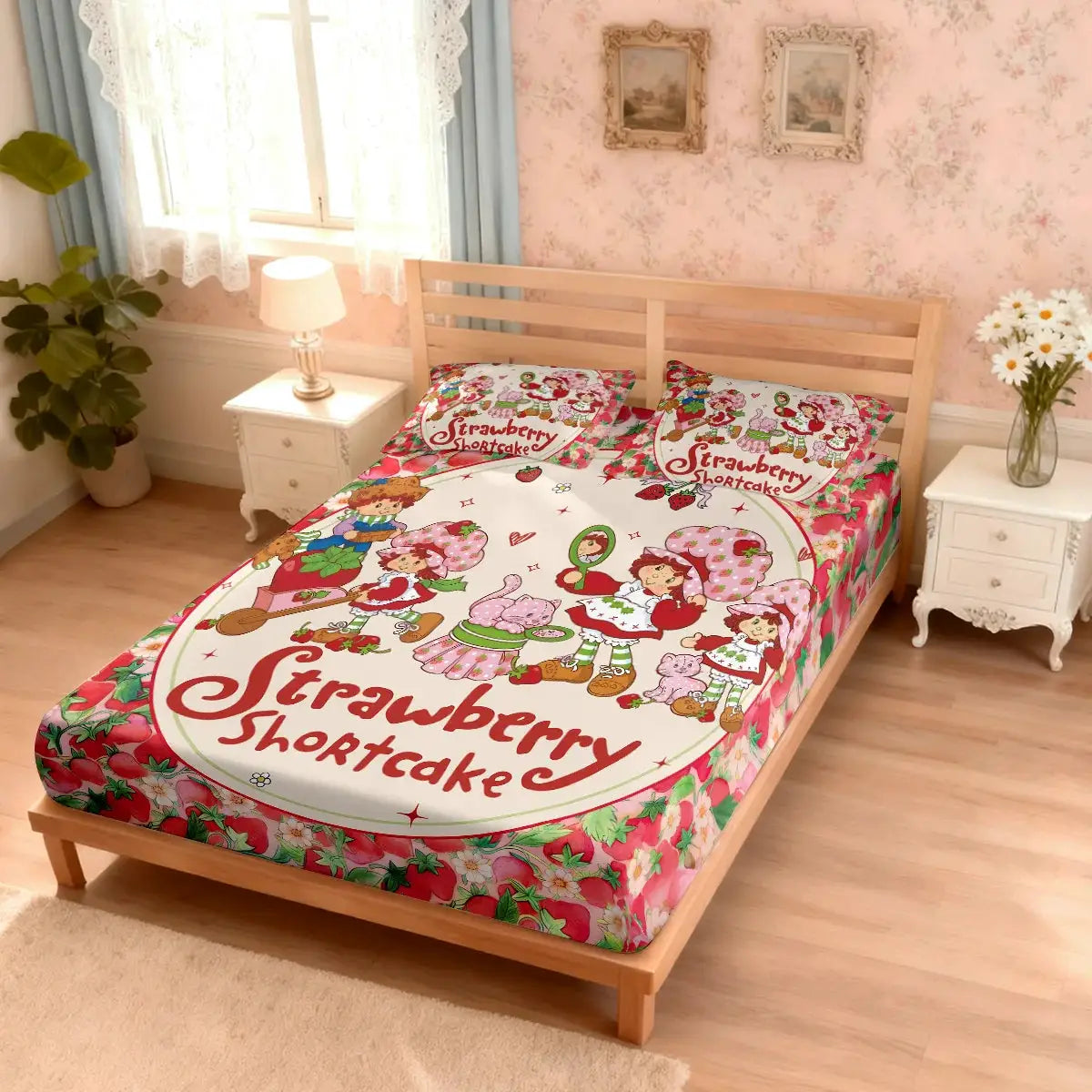 3pcs Pink Strawberry Girl Printed Chipless Bed Sheet Set Multi Size Soft Bed Cover Bedroom Bedding Decoration from PriceLows™