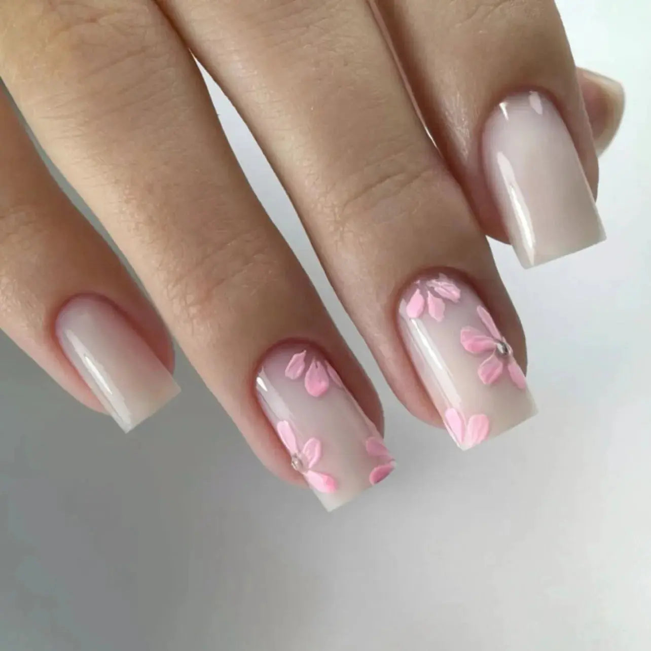 Short Almond Press On Nails | Pink Floral French | Reusable Full Cover | 24 Pcs
