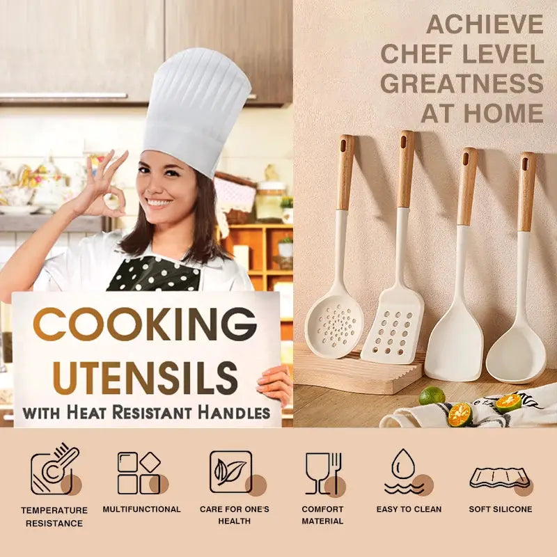 New Silicone Kitchen Cooking Utensils Set Durable Hardwood Handle Heat Resistant Tool Non-stick Turner Slotted Spoon Spatula Kit from PriceLows™