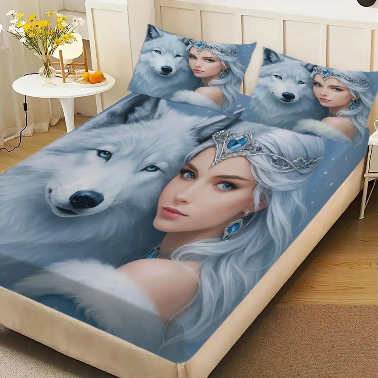 1pc Ice Princess with White Wolf Print Fitted Sheet Deep Pocket Elastic Mattress Cover Single Double Queen King Bedroom Decor from PriceLows™