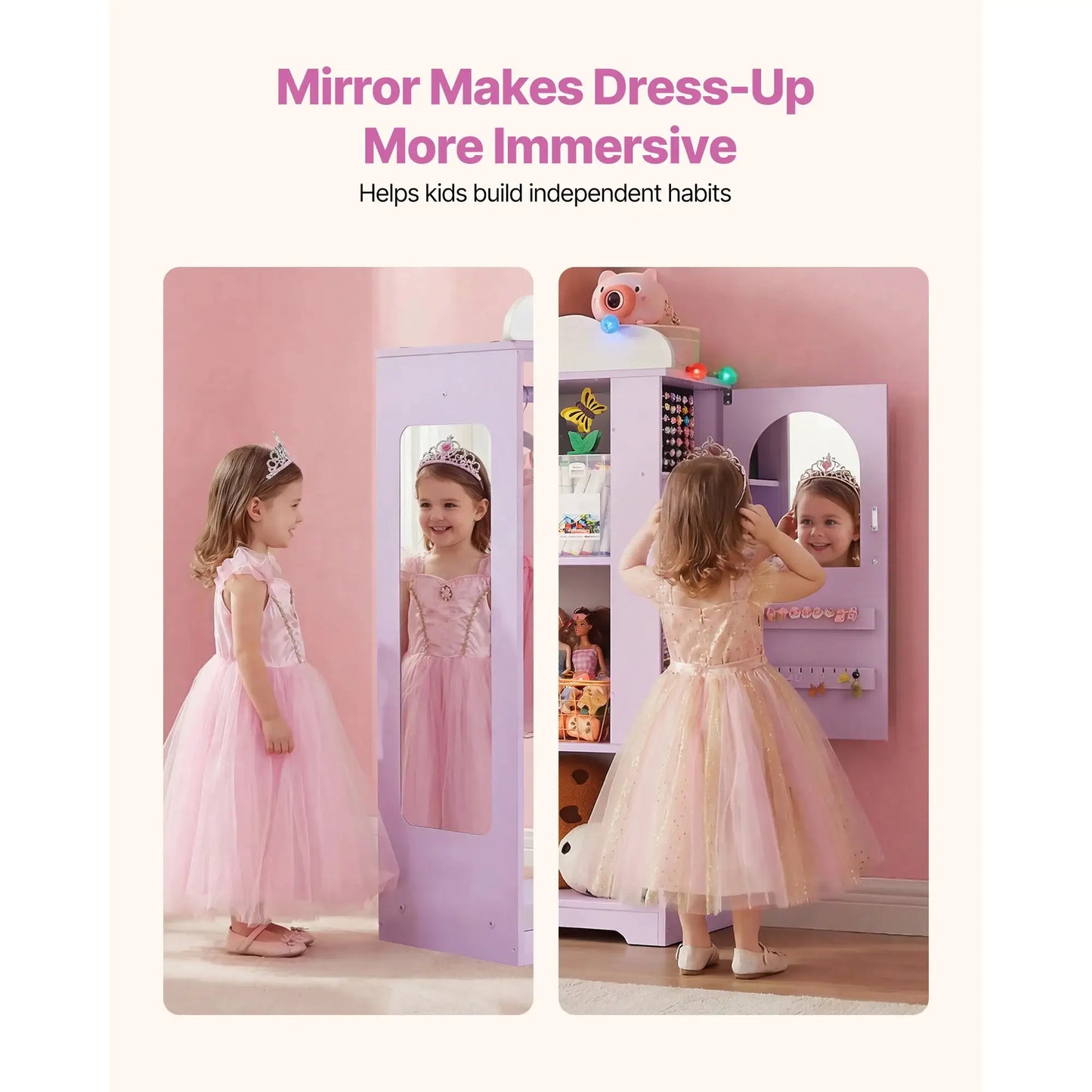 SucceBuy Kids Dress Up Storage Jewelry Dress Up Closet with Mirror & Shelves Princess Costumes Wardrobe Closet for Girls Bedroom from PriceLows™