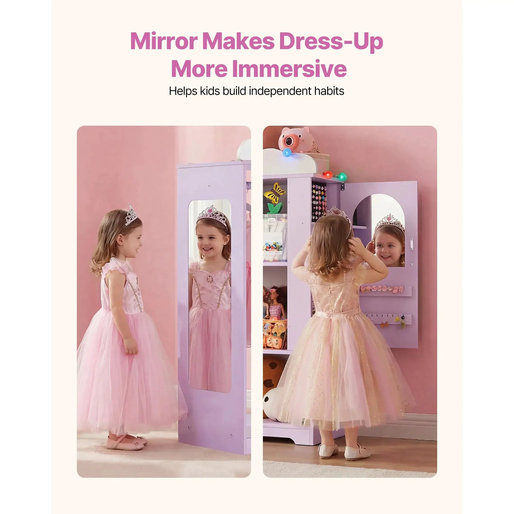 SucceBuy Kids Dress Up Storage Jewelry Dress Up Closet with Mirror & Shelves Princess Costumes Wardrobe Closet for Girls Bedroom from PriceLows™