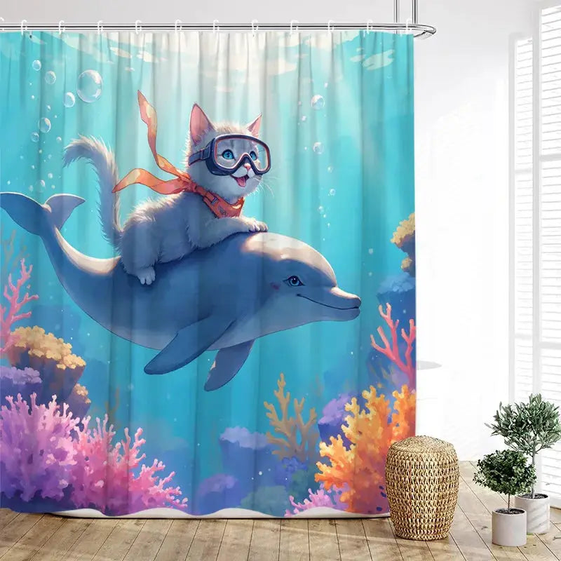 Funny Diving Cat Dog Shower Curtain Cute Cartoon Bathing Animals Sea Turtle Underwater Scenery Kids Bathroom Curtains Decor Set from PriceLows™