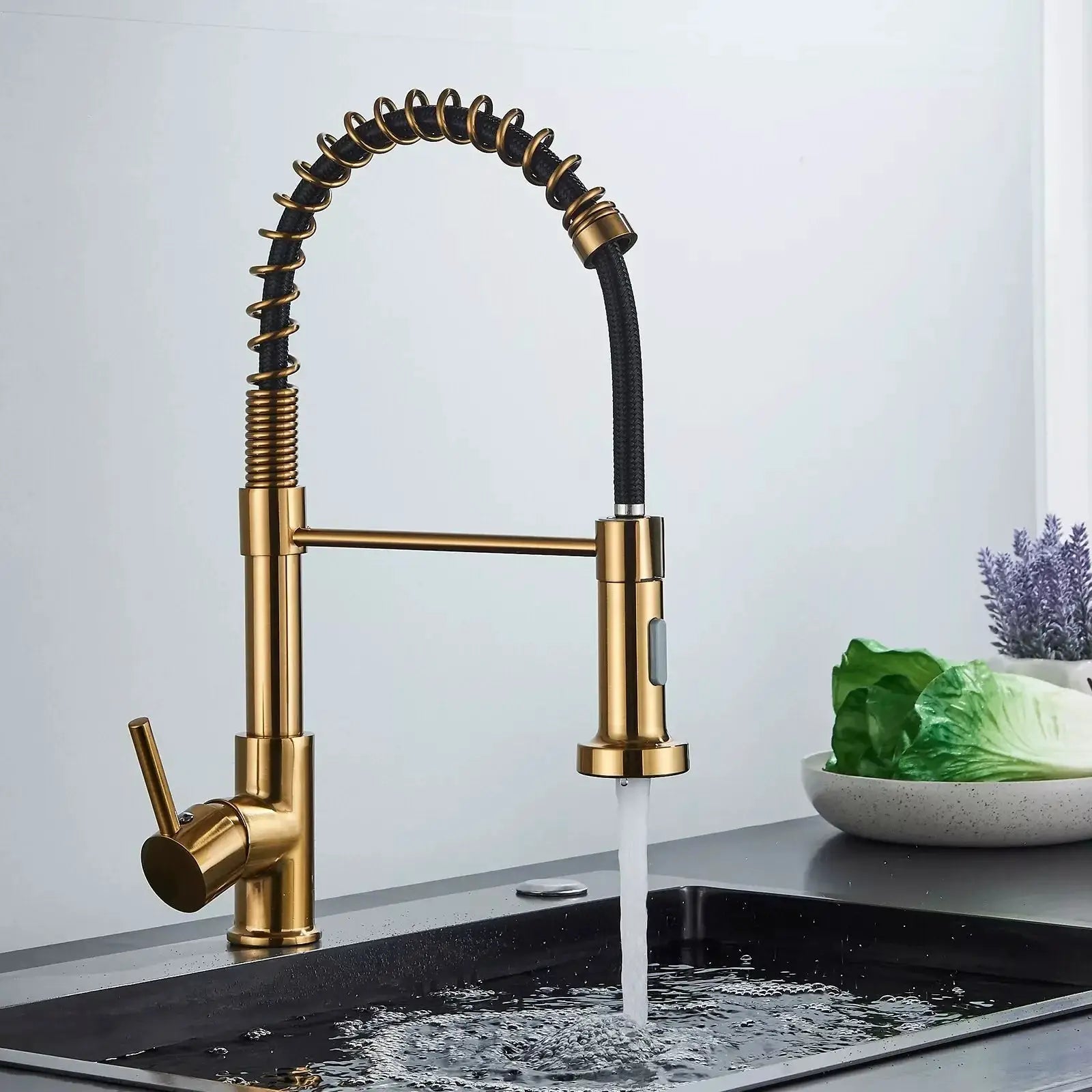 Brushed Gold Kitchen Sink Faucet One Handle Spring Hot and Cold Water Tap Deck Mounted Bathroom Kitchen Crane from PriceLows™