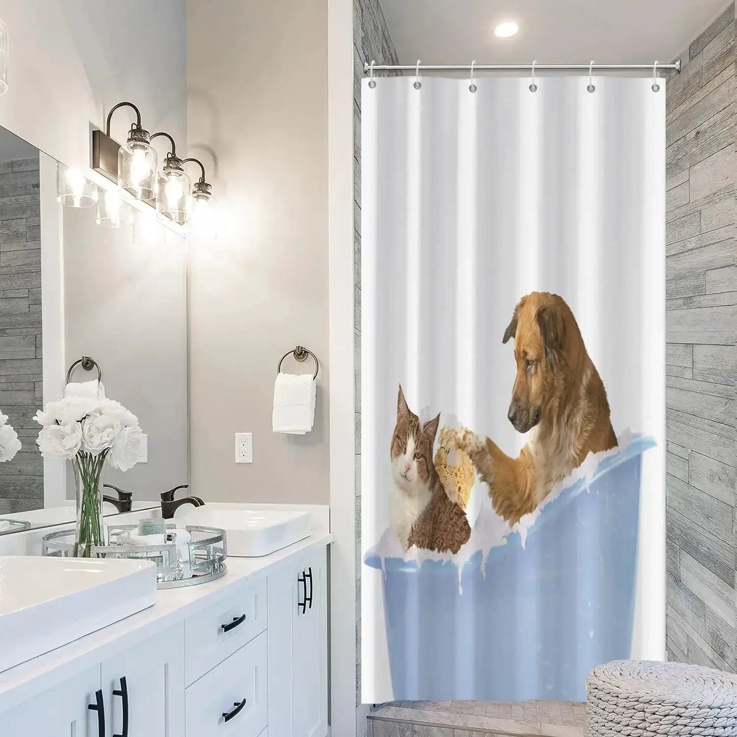 Cute Cat Blue Children Shower Curtain Waterproof Washable Polyester Material Bathroom Decorative Curtain with Hook from PriceLows™