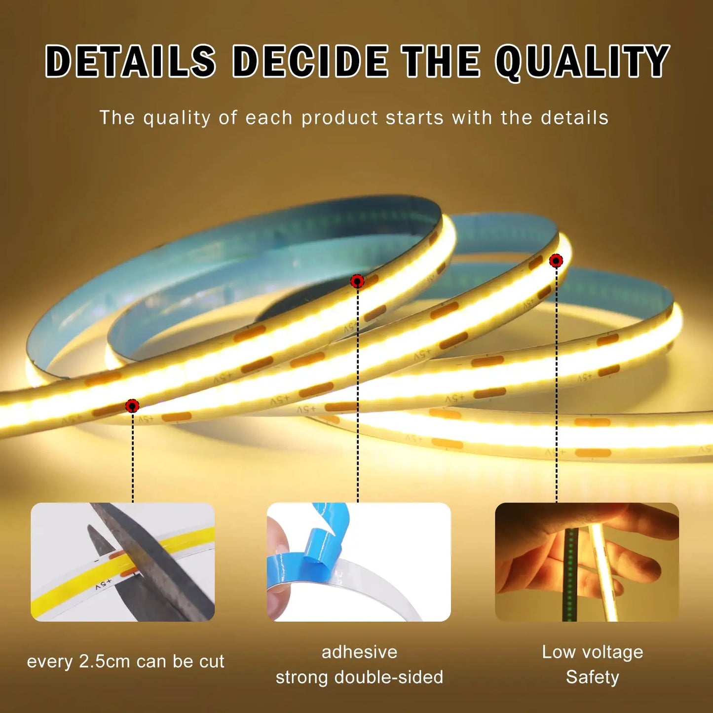 Battery Powered 5V 8mm COB LED Strip Light with Motion Sensor 320LEDs/M DIY Backlight White Red Blue Green Pink Night Light from PriceLows™