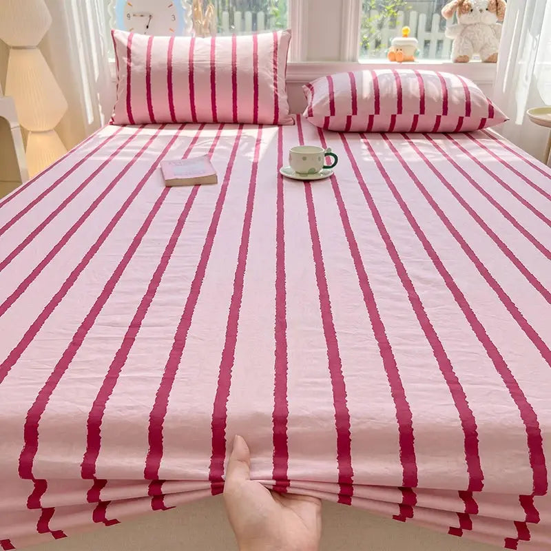 1pc Pink Blue Striped Fitted Sheet Deep Pocket Elastic Mattress Cover Single Double Queen King Bedroom Decor For Girls Boys from PriceLows™