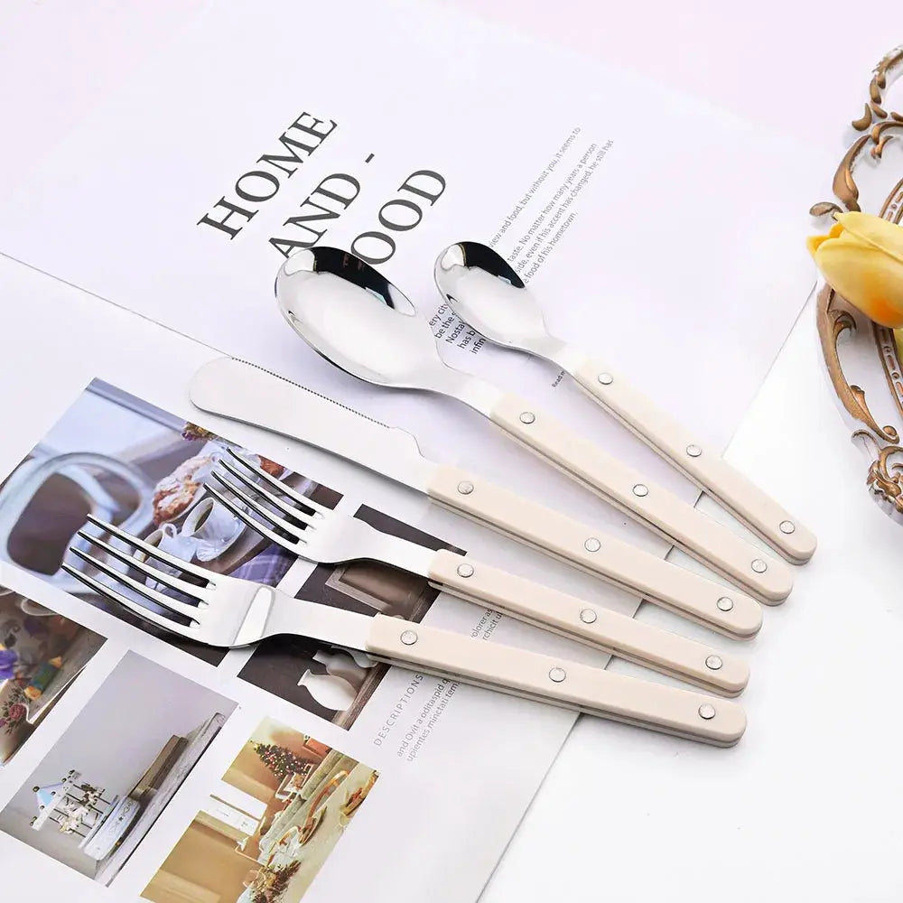 6/30Pcs Beige Silver Acrylic Handle Dinnerware Knife Fork Spoon Set Stainless Steels Cutlery Set Western Home Kitchen Flatware from PriceLows™