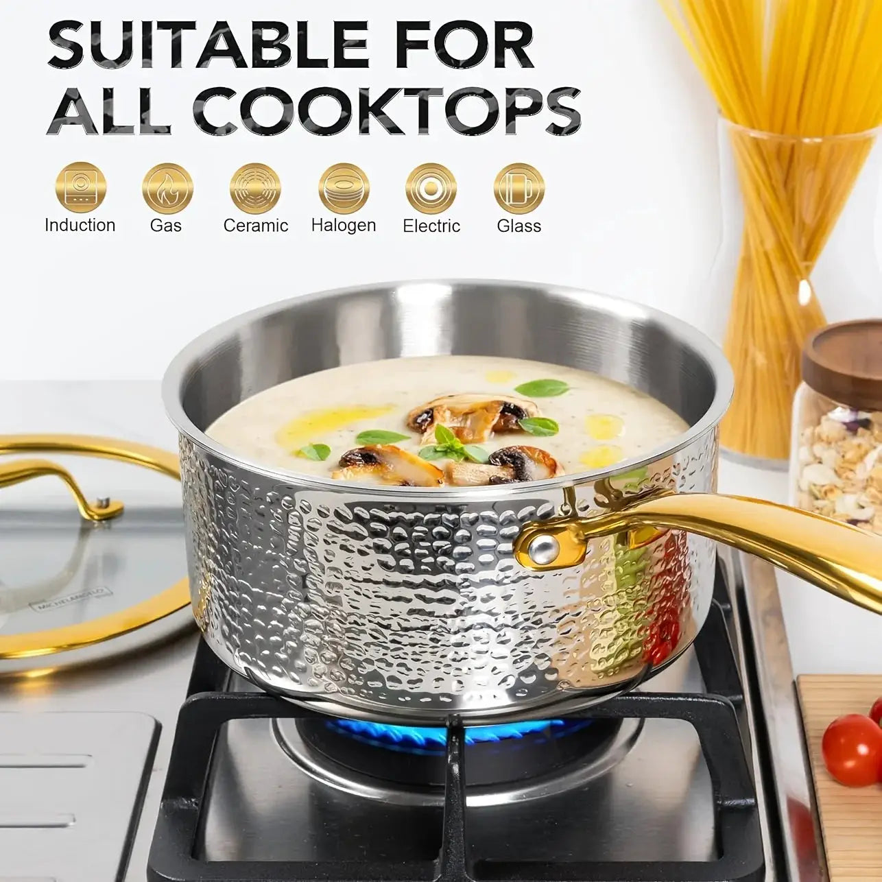 Triply Stainless Steel Saucepan Set, Luxury Hammered Stainless Steel Sauce Pans with Golden Handle, Premium Sauce Pot Set from PriceLows™