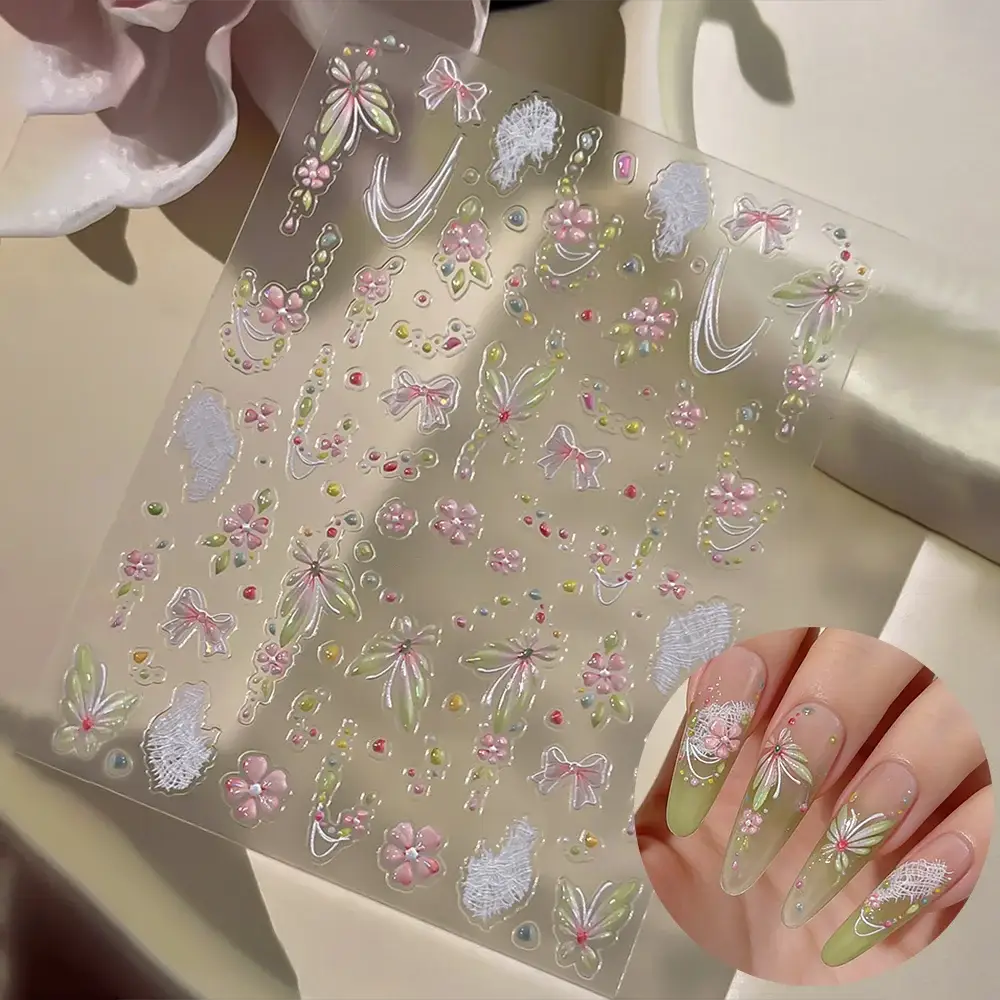 5D Pink Blue Floral Nail Art Stickers Petals Leaf Plant Embossed Nail Decals Spring Summer Flower Design for DIY Nail Supplies from PriceLows™