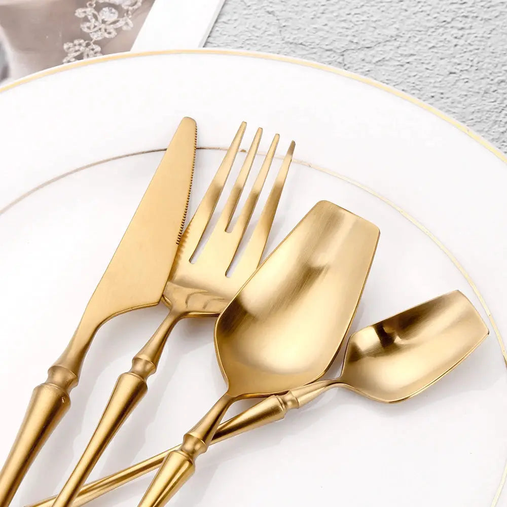 6/16/24Pcs Gold Tableware Stainless Steel 304 Cutlery Matte Dinner Set Western Knife Fork Spoon Mirror Elegant Flatware from PriceLows™