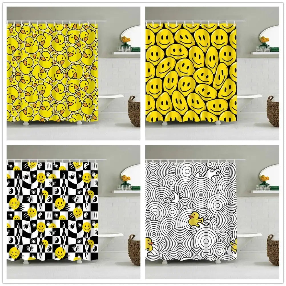 Cute Little Yellow Duck Shower Curtain Cartoon Funny Smiley Face Bathroom Waterproof Bath Duck Fabric 12 Hooks Bathroom Decor from PriceLows™