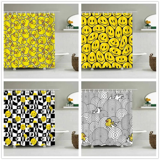 Cute Little Yellow Duck Shower Curtain Cartoon Funny Smiley Face Bathroom Waterproof Bath Duck Fabric 12 Hooks Bathroom Decor from PriceLows™