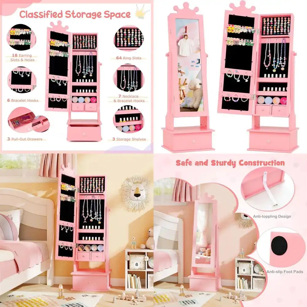 Children's Jewelry Armoire with Full-Length Mirror, 64 Ring Holders, Standing Storage Organizer for Girls, Pink from PriceLows™