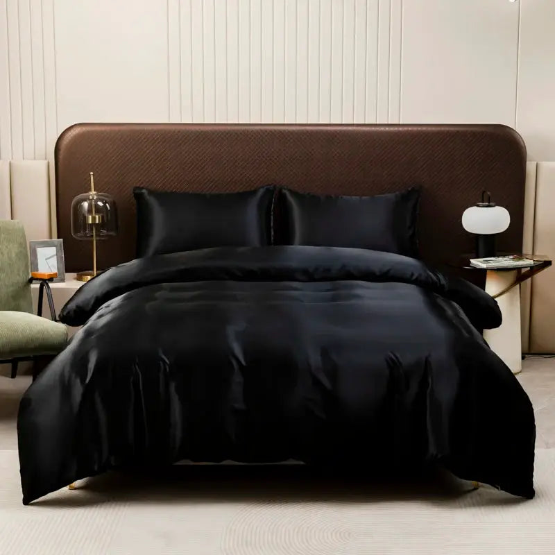 Ice Silk Duvet Cover Set | Solid Black | 80Gsm Light | Multiple Sizes