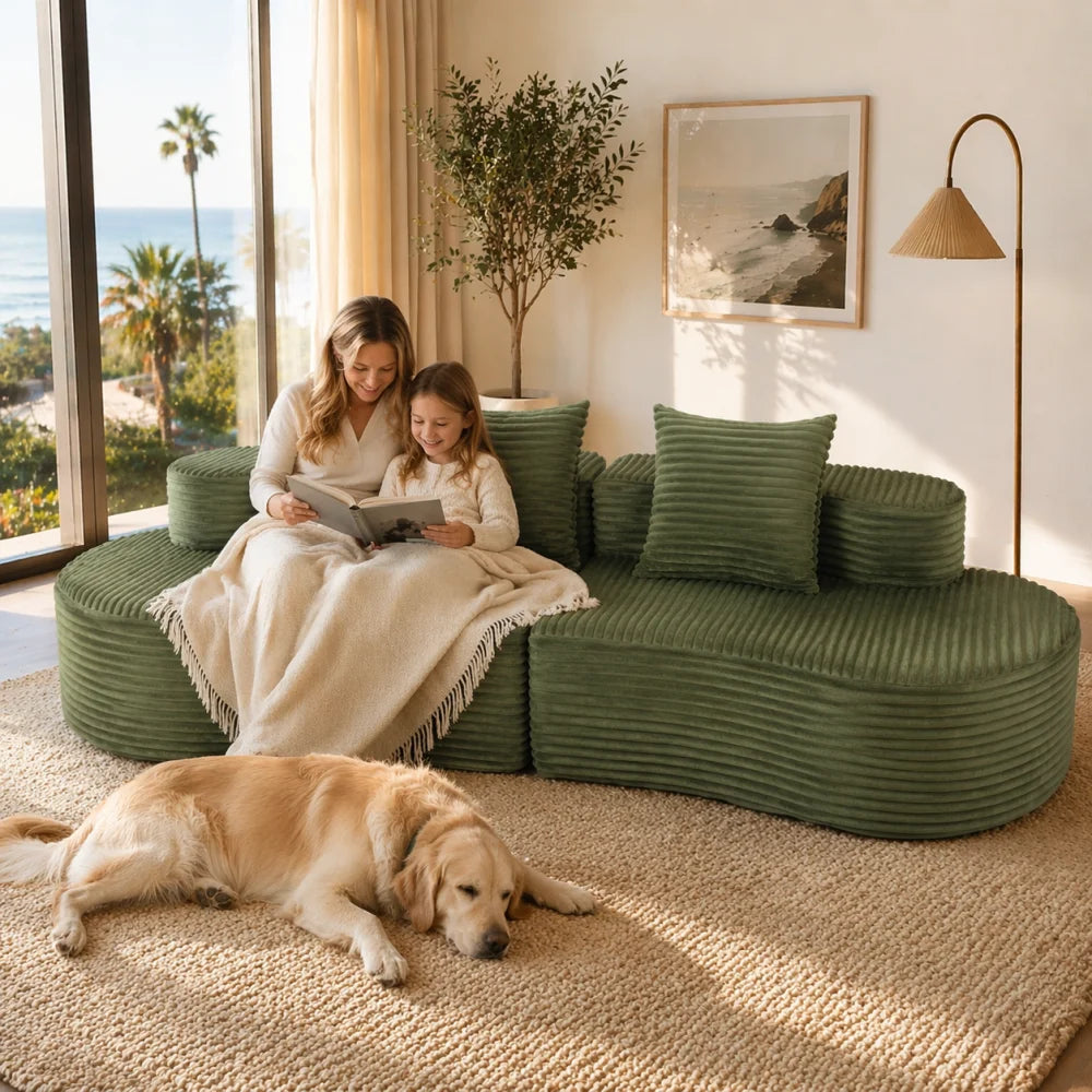 Sofa | Corduroy Upholstery | Includes 2 Lumbar Pillows | Green