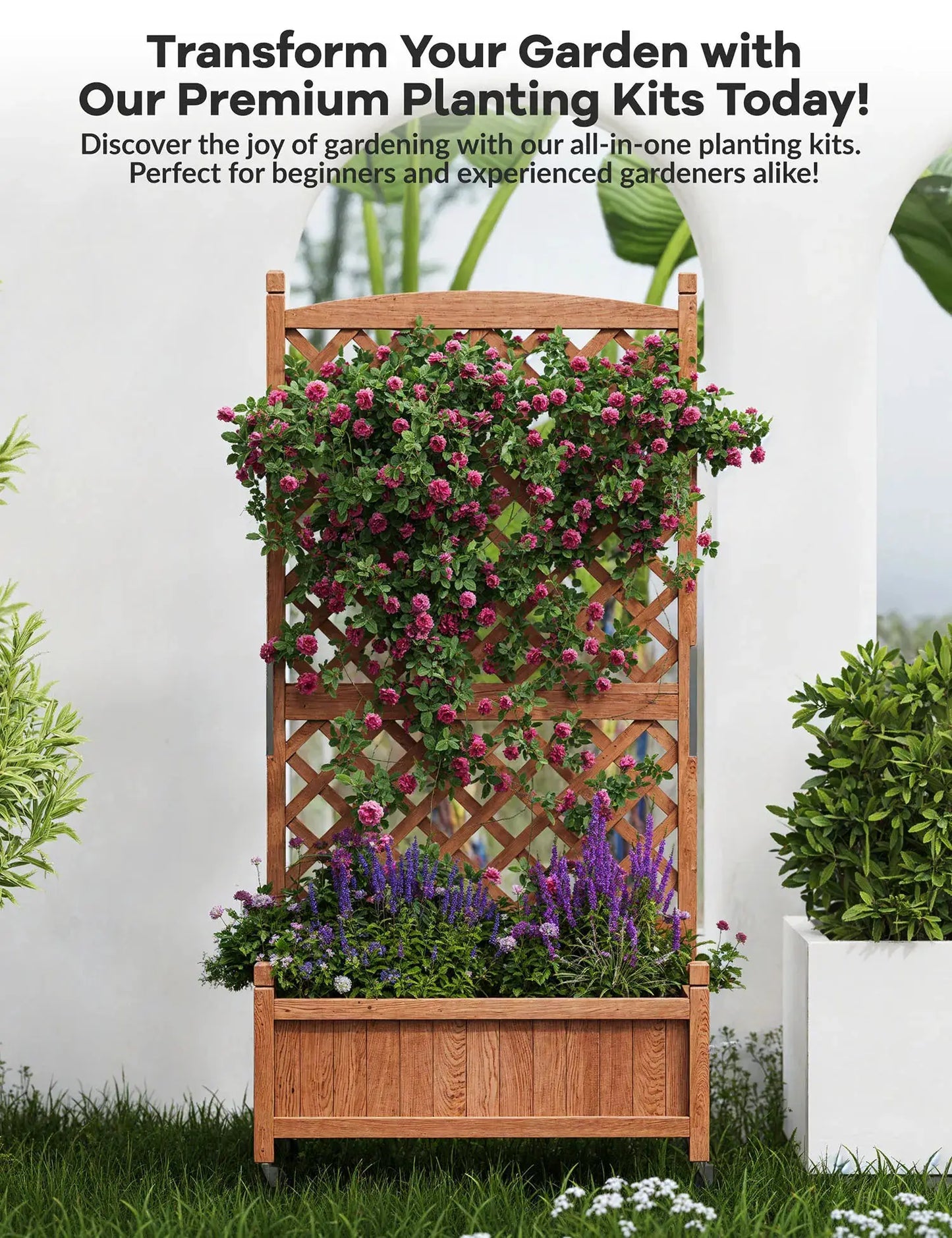 61.5" Wood Planter Box Raised Garden Bed With Trellis/Wheels For Plant & Flower, Standing Vertical Horticulture Trellis Planter from PriceLows™