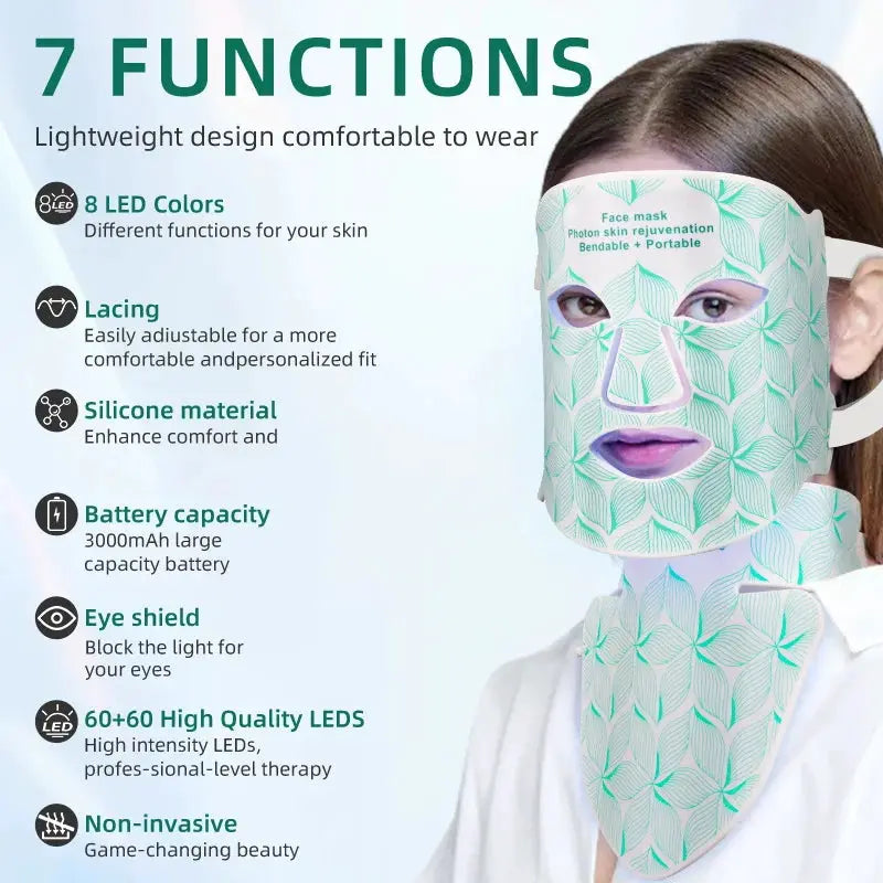 7 Colors + Infrared LED Face Mask and Neck Red Light Therapy Anti Aging Wrinkle Acne Pore Oil Control Skin Tighten Whiten from PriceLows™