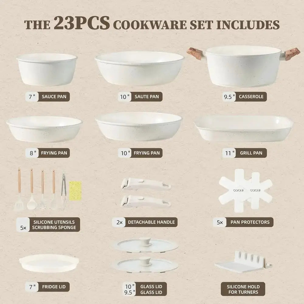 Non-Toxic Detachable Handle Cookware Set, Space-Saving Induction Pots and Pans, Oven & Dishwasher Safe, Cream White from PriceLows™