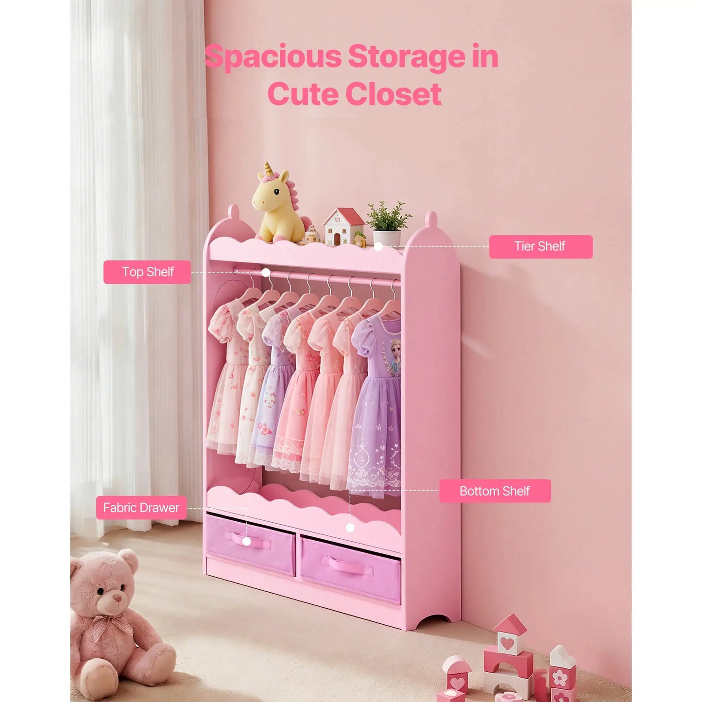 SucceBuy Kids Dress Up Storage with Mirror & Drawer Toddler Costume Wardrobe Closet Pretend Storage Dresser for Girls Room Pink from PriceLows™
