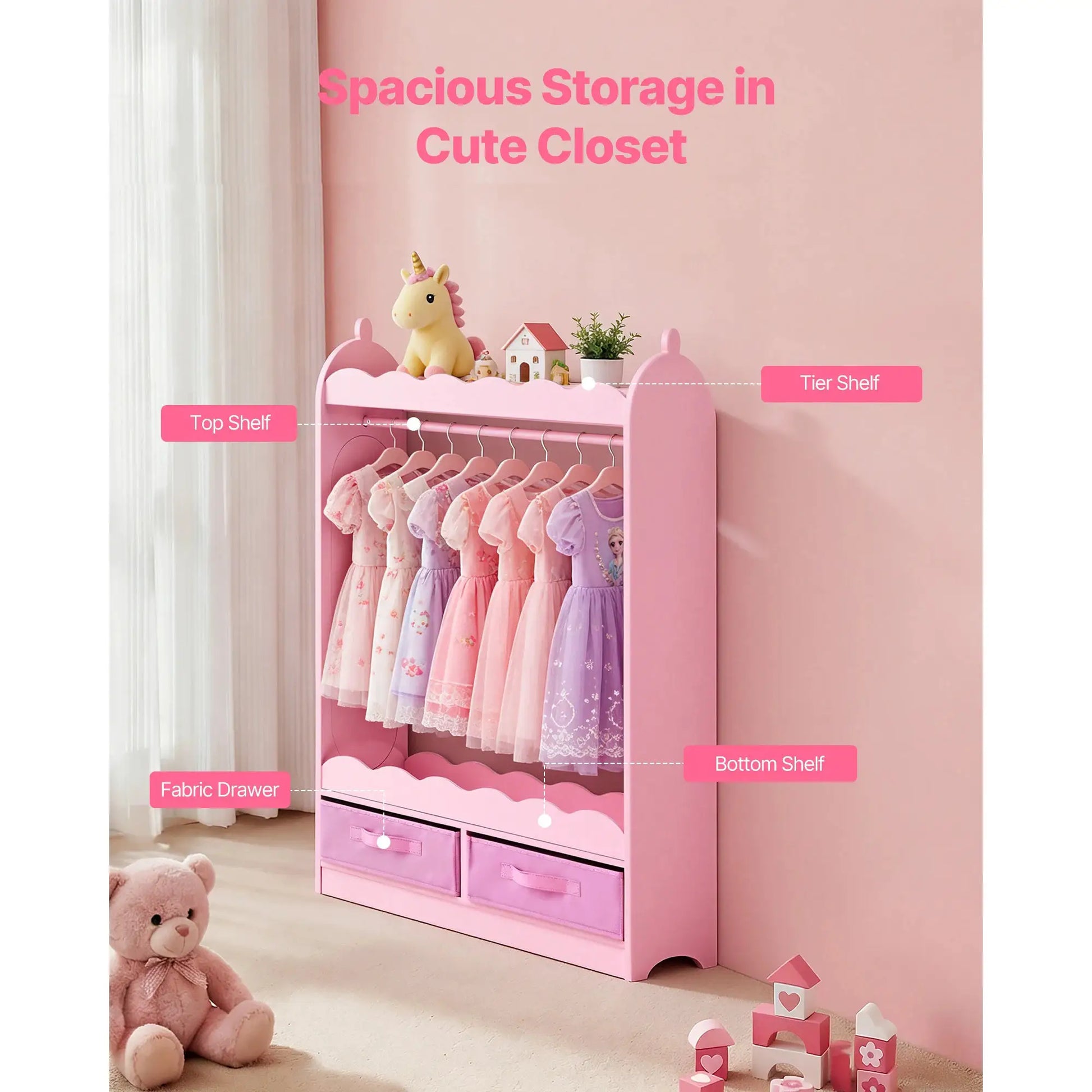 SucceBuy Kids Dress Up Storage with Mirror & Drawer Toddler Costume Wardrobe Closet Pretend Storage Dresser for Girls Room Pink from PriceLows™