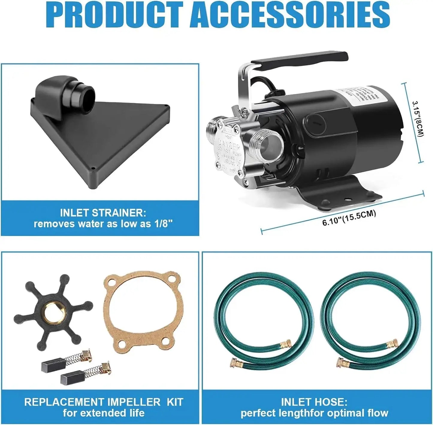 Water Transfer Pump | 115V 1/10 HP | 330 GPH Flow | 2 Hose Kit