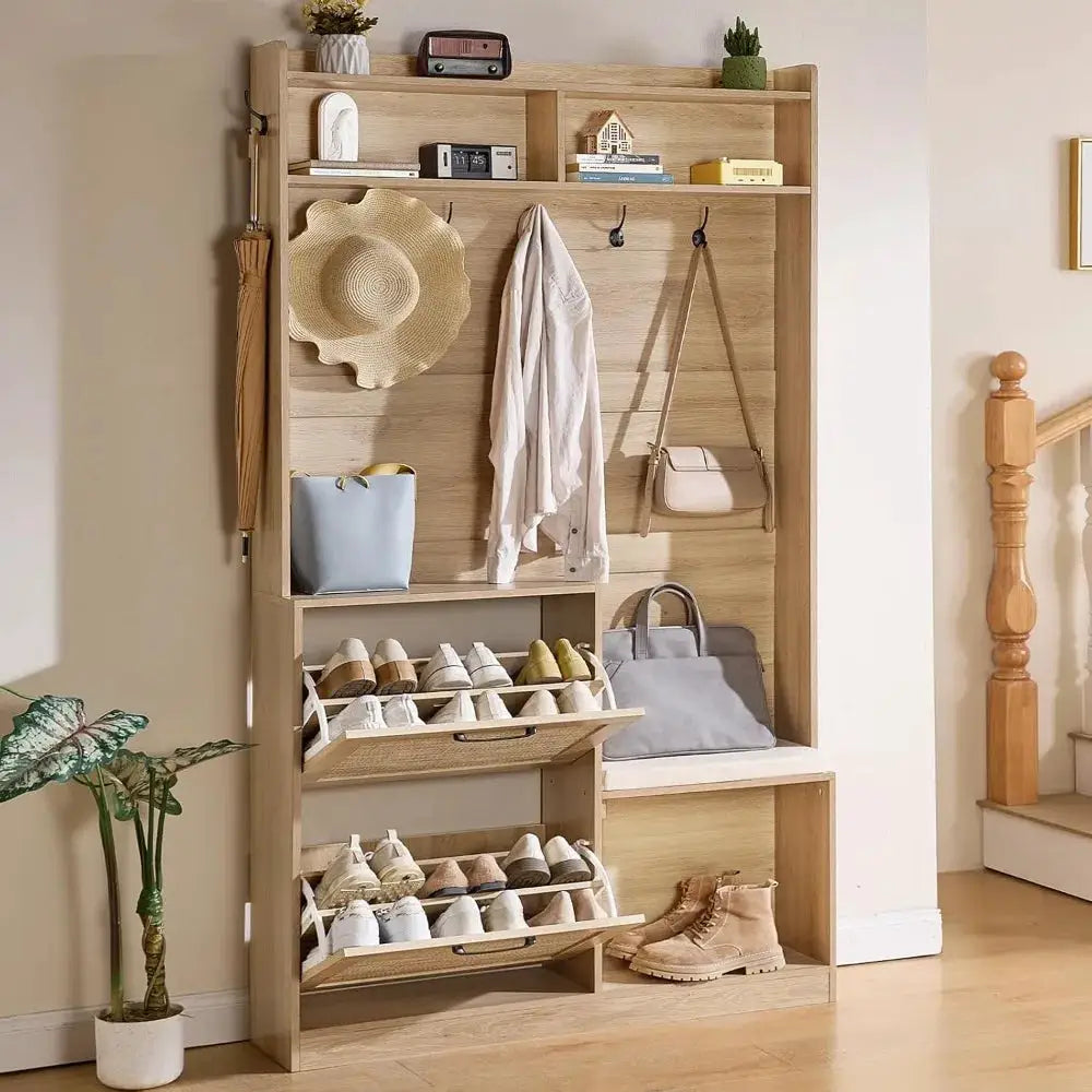 78" Tall Boho Hall Tree with Bench & Shoe Storage, 4-in-1 Mudroom Rattan Coat Rack with 2 Flip Drawers & Cushioned Stool, Entryway Hall Tree Cabinet with 6 Hooks for Garage, Natural Oak from PriceLows™