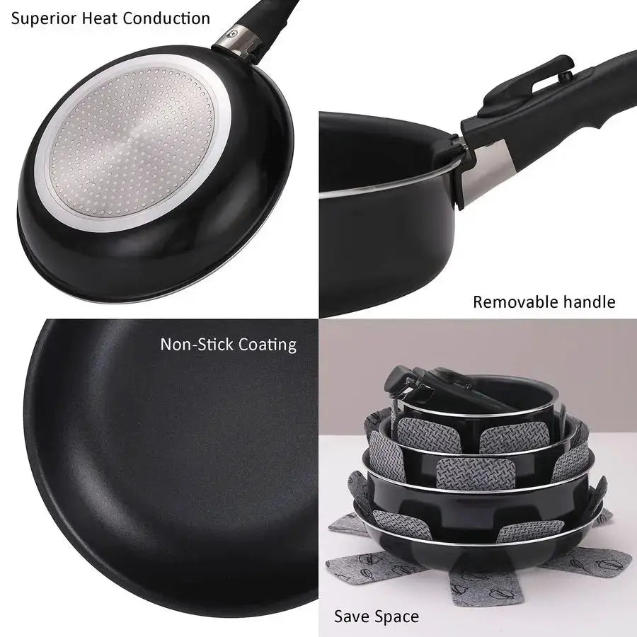 Pieces Kitchen Removable Handle Cookware Sets, Stackable Pots and Pans Set Nonstick for Induction Gas RVs Camping Space Saving from PriceLows™