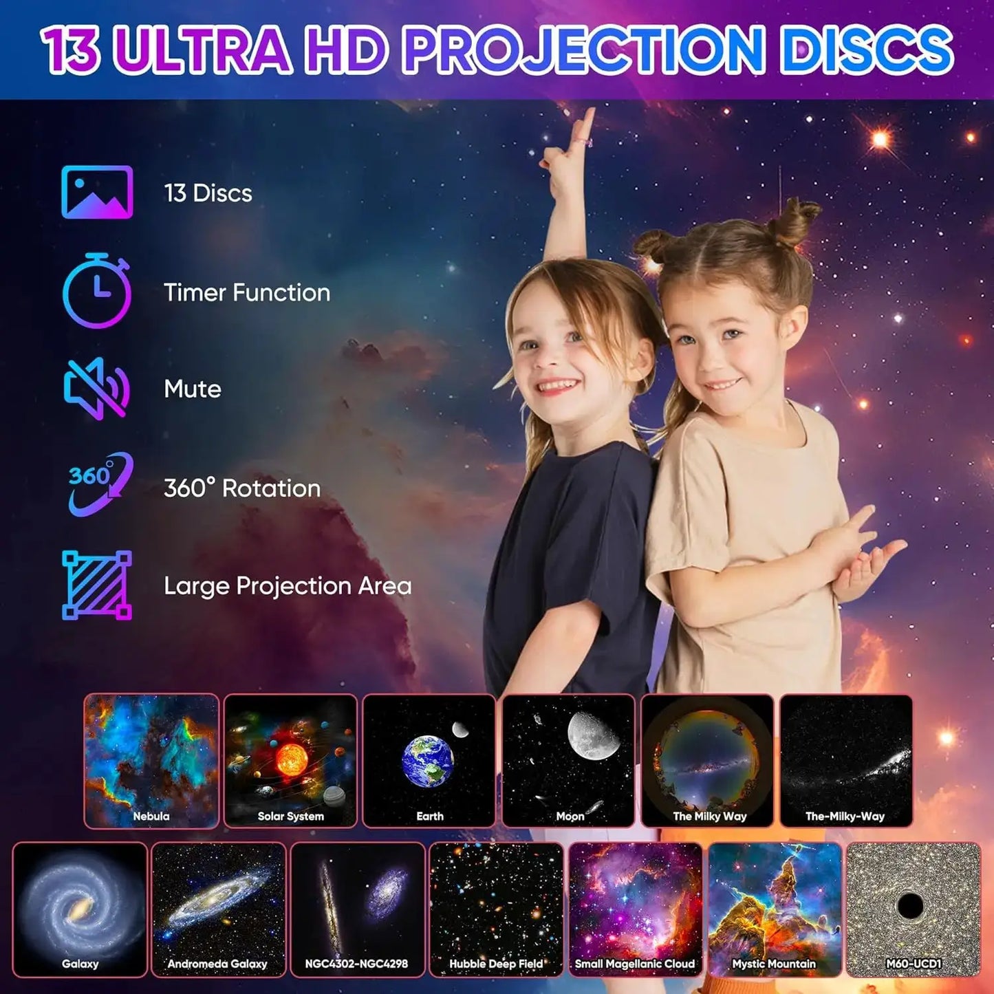 13 In 1 Galaxy Ultral Star Projector HD Image Area LED Night Light, 13 Film Discs,360° Rotate 1/2h Timer for Kids&Adults Bedroom from PriceLows™