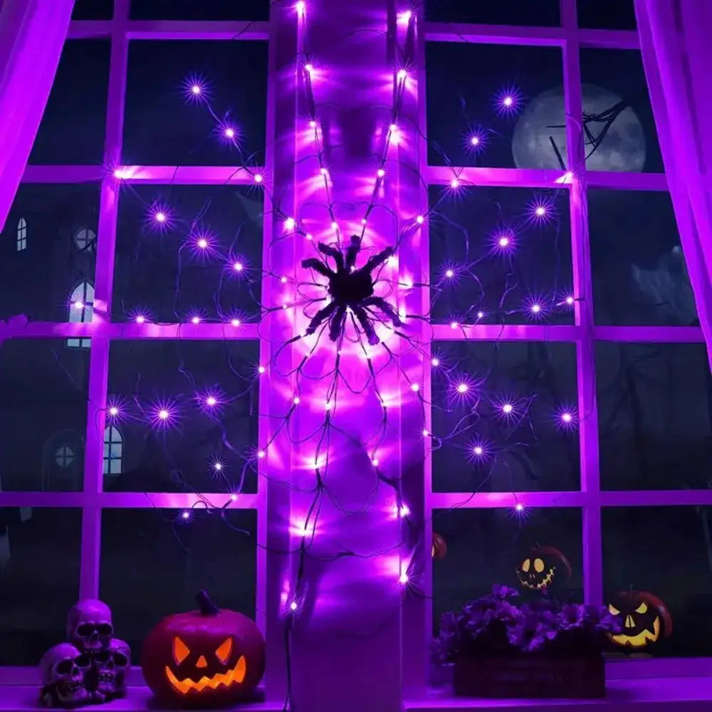 Halloween Spider Web LED String Lights with Plush Spider, USB Powered for Indoor Halloween Party, Haunted House, and Wall Decor from PriceLows™