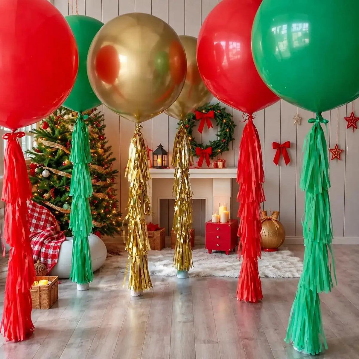 Christmas Giant Balloons | 36 Inch Latex | Tassel Tails | 6 Piece Set