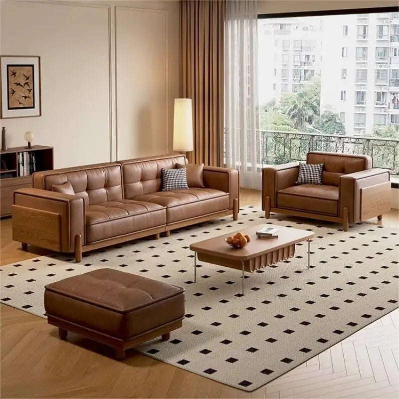 Sofa | Top-Grain Cowhide Leather | Solid Wood Frame | Small Space Living Room