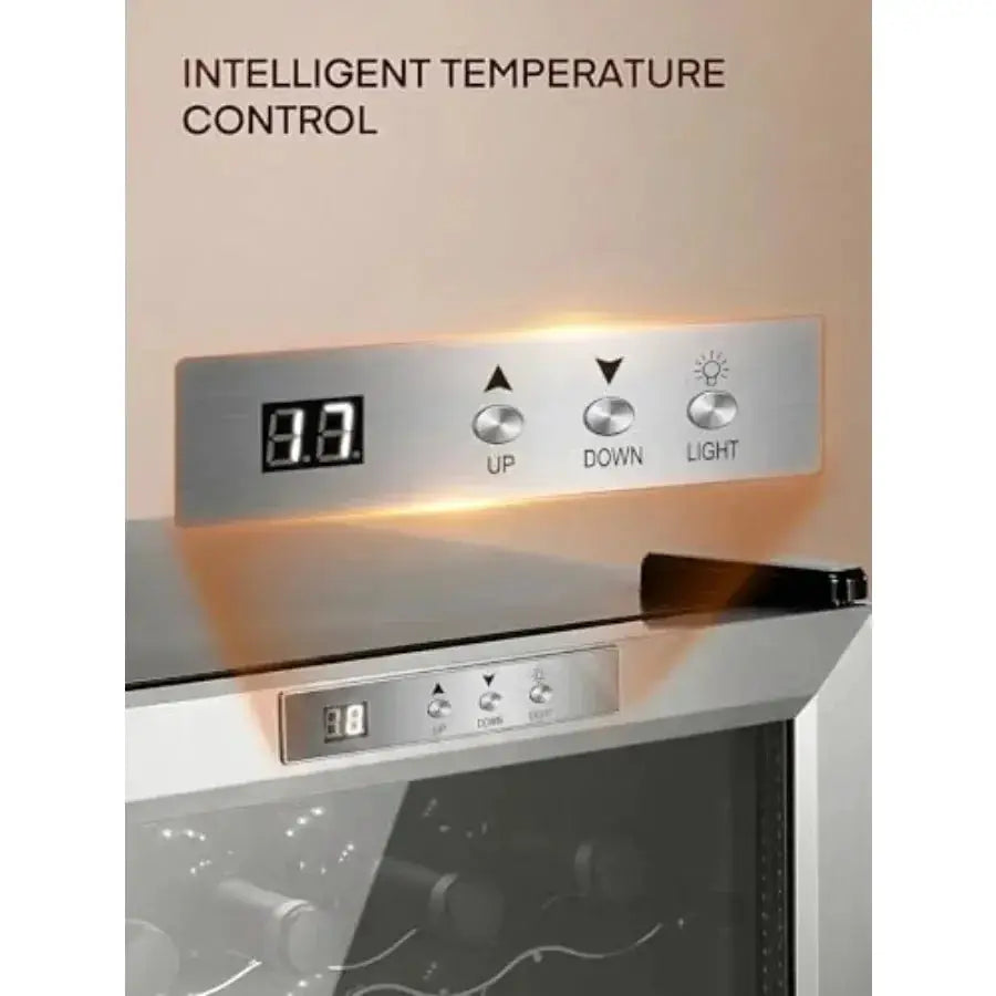 Countertop wine fridge for bar home office use, stainless steel with double glass doors, black finish, LED lighting and digital from PriceLows™