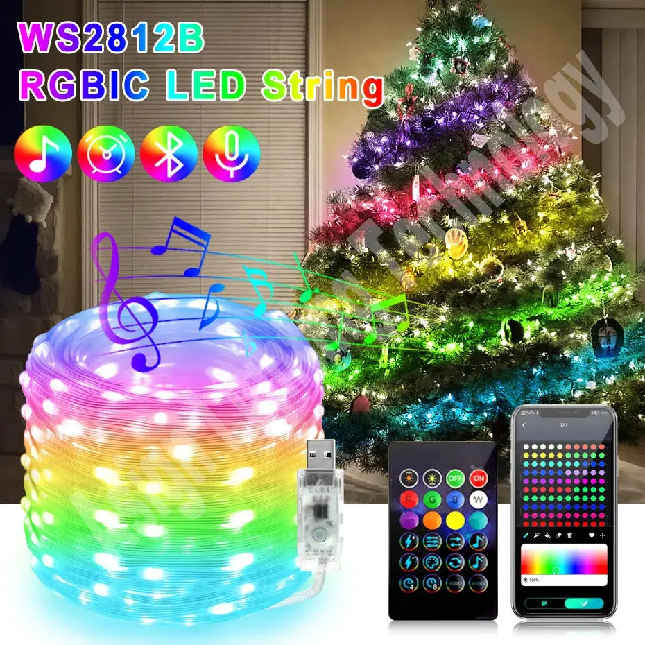 Bluetooth Smart USB LED Fairy String 5V RGBIC Music Sync Led Strip light IP67 Waterproof for Holiday Christmas Party Decoration from PriceLows™