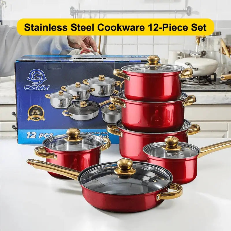 us12pcs Red Pot Set, Stainless Steel, Non-Stick Pan, Kitchen Cookware Set, Non-Stick Cooking Set, A Variety of Pots to Meet All Kitchen Needs, The Most Beautiful And Practical Gift for Mothersd from PriceLows™