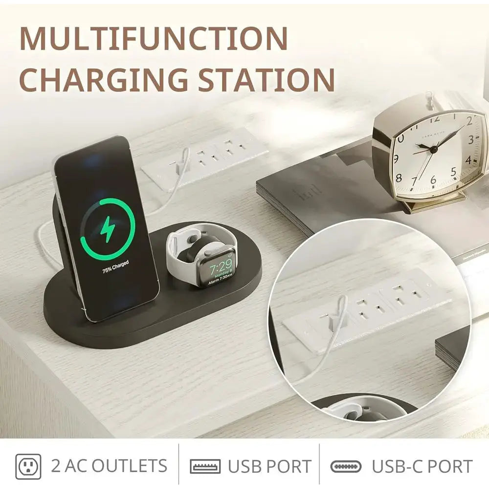 Cream White 2-Piece Rattan Nightstand Set with Charging Stations and Storage for Bedroom from PriceLows™