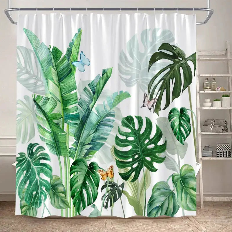 Tropical Leaves Shower Curtain Green Palm Leaf Monstera Plant Bath Curtains Set Polyester Fabric Home Bathroom Decor with Hooks from PriceLows™