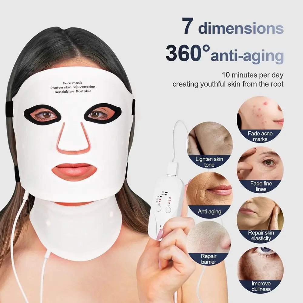 Silicone LED Mask Face With Neck 7 Colors LED Photon Red Light Infrared Therapy Flexible Facial Mask Repair Skin Wireless Use from PriceLows™