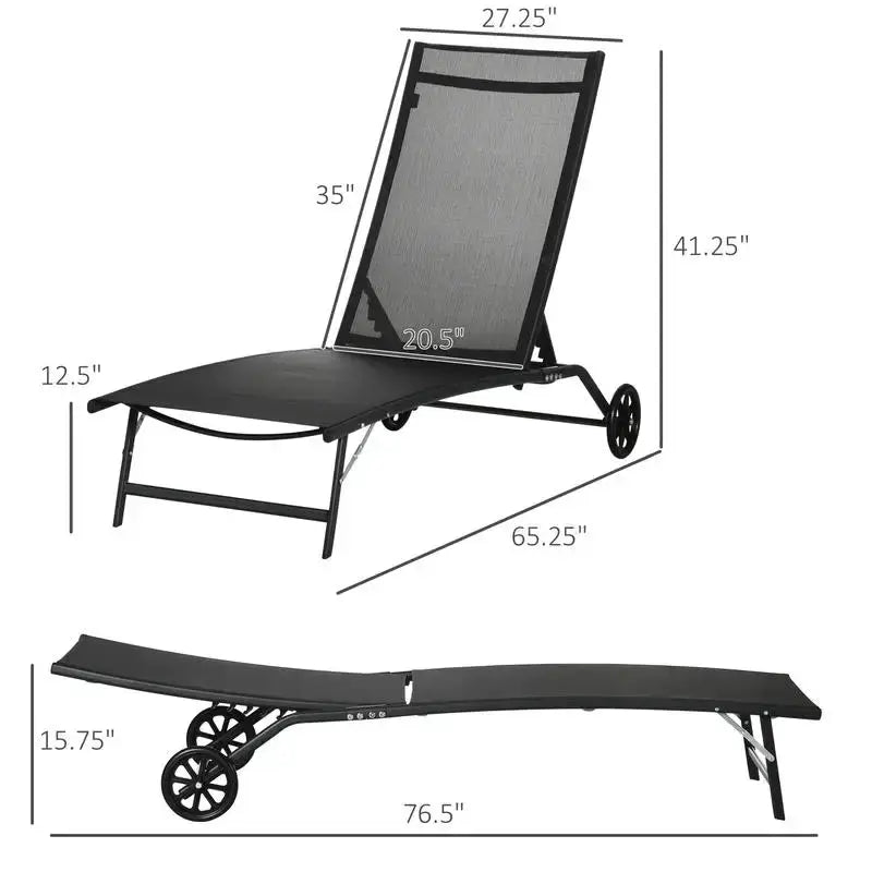 Chaise Lounge Outdoor, 2 Piece Lounge Chair with Wheels, Tanning Chair with 5 Adjustable Positions for Patio, Beach, Yard, Pool, Black from PriceLows™