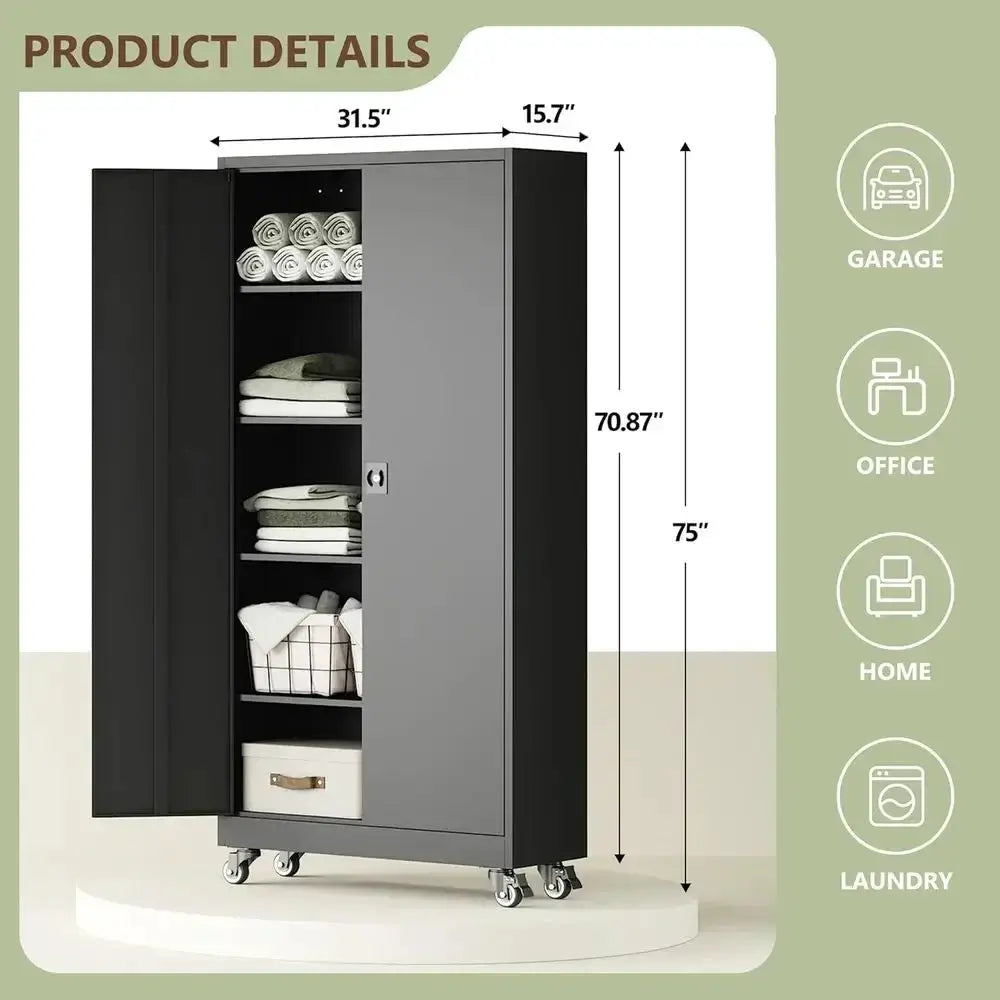 75 Tall Heavy-Duty Locking Metal Storage Cabinet with 2 Doors and 4 Adjustable Shelves for Garage or Office Use (Black) from PriceLows™