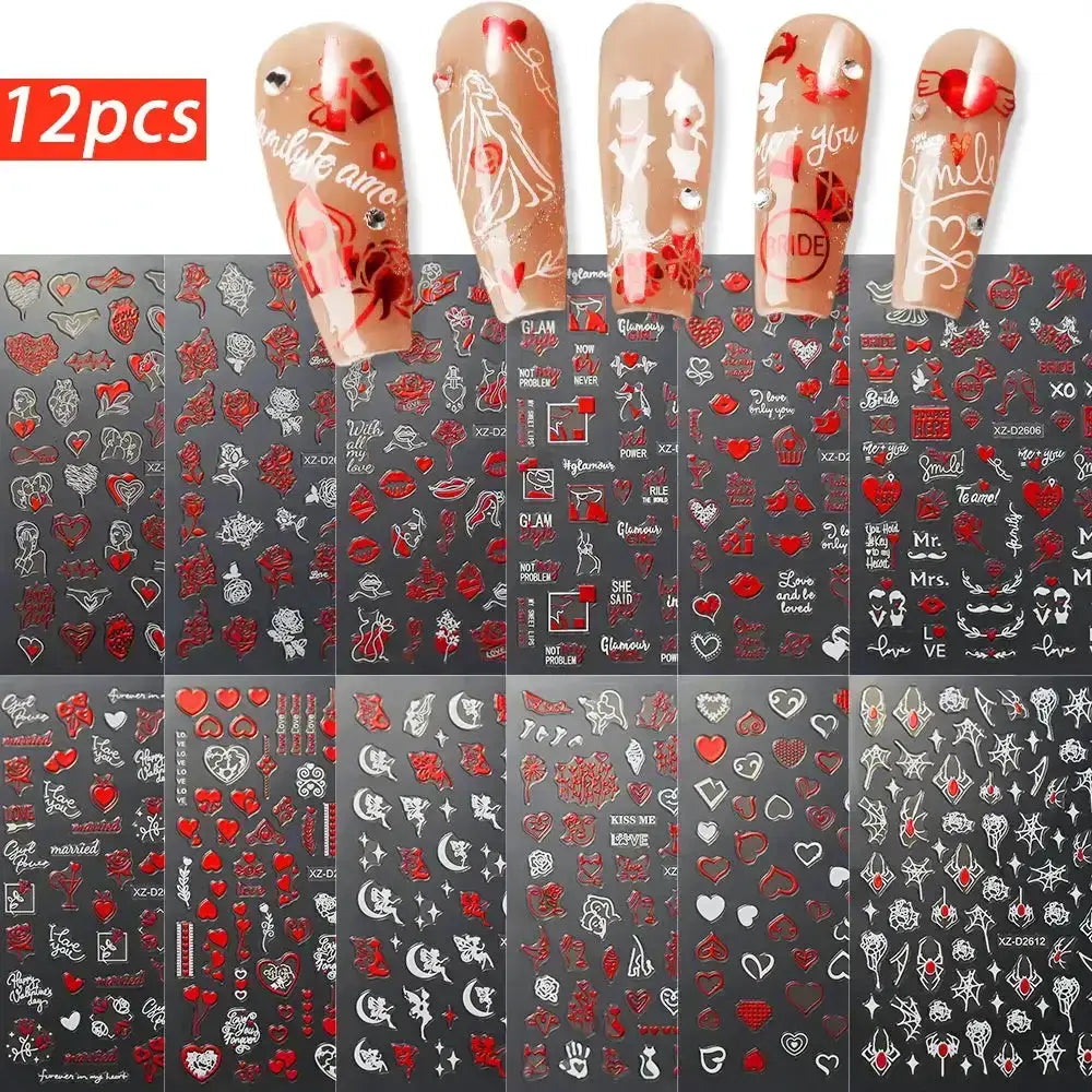 8pc 3D Mixed Color Heart Nail Stickers Valentines' Day Sweet Red Pink Love Selfadhesive Nail Decoration Decals Manicure Supplies from PriceLows™