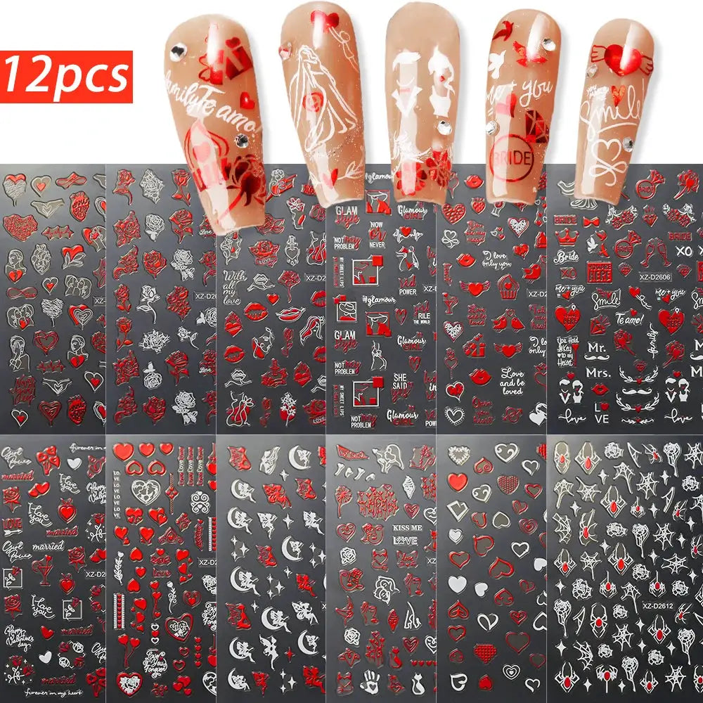 8pc 3D Mixed Color Heart Nail Stickers Valentines' Day Sweet Red Pink Love Selfadhesive Nail Decoration Decals Manicure Supplies from PriceLows™