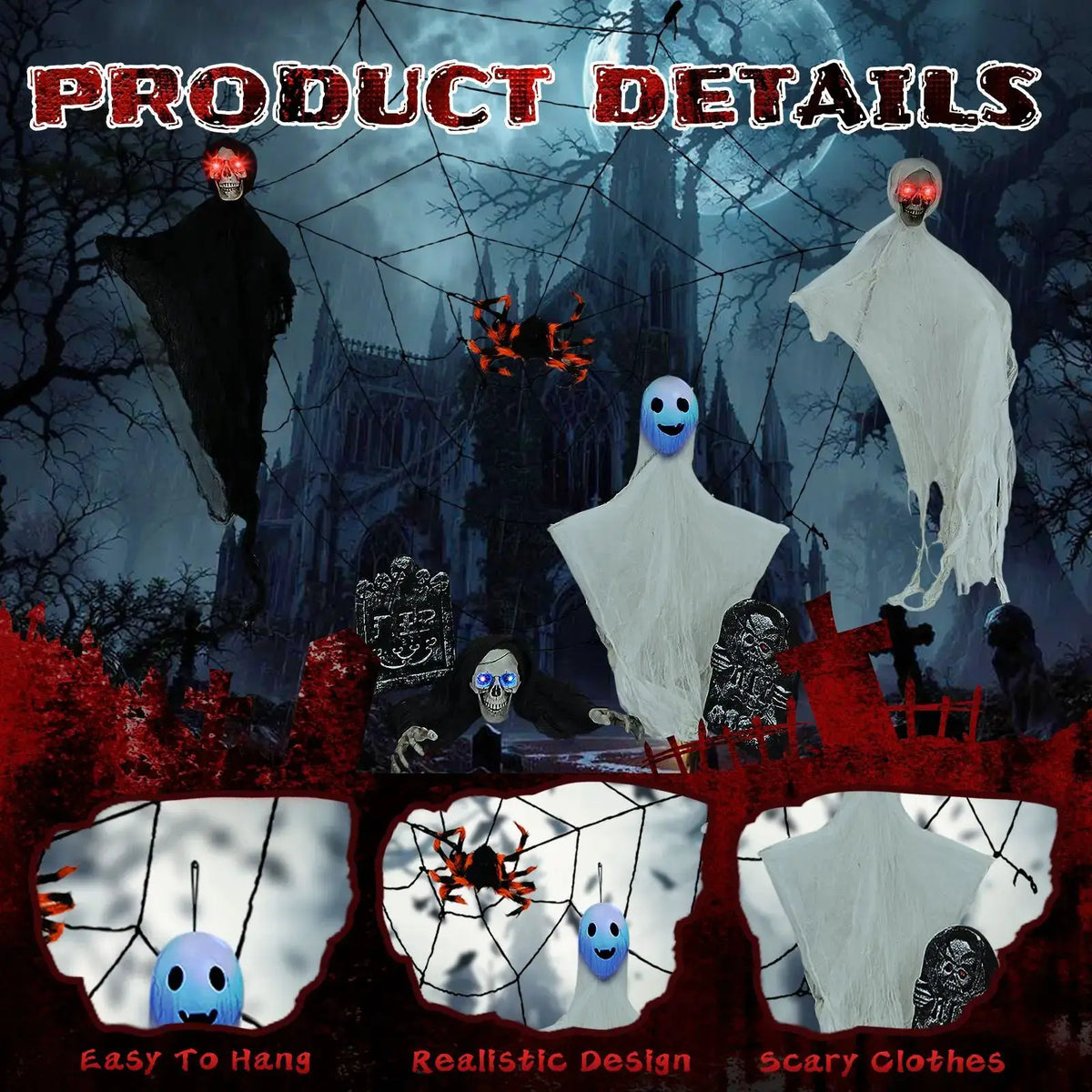 Outdoor Halloween Decor Set | 3 Hanging Ghosts | Plastic Gravestone | 8 Piece