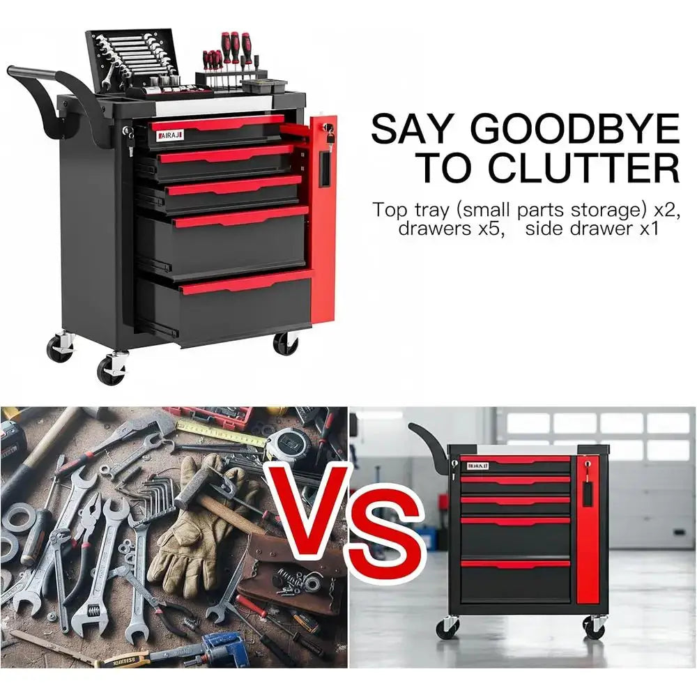 5 Drawer Rolling Tool Chest with Side Cabinet, Lockable, Garage Storage, Safety Rounded Edges, Red from PriceLows™