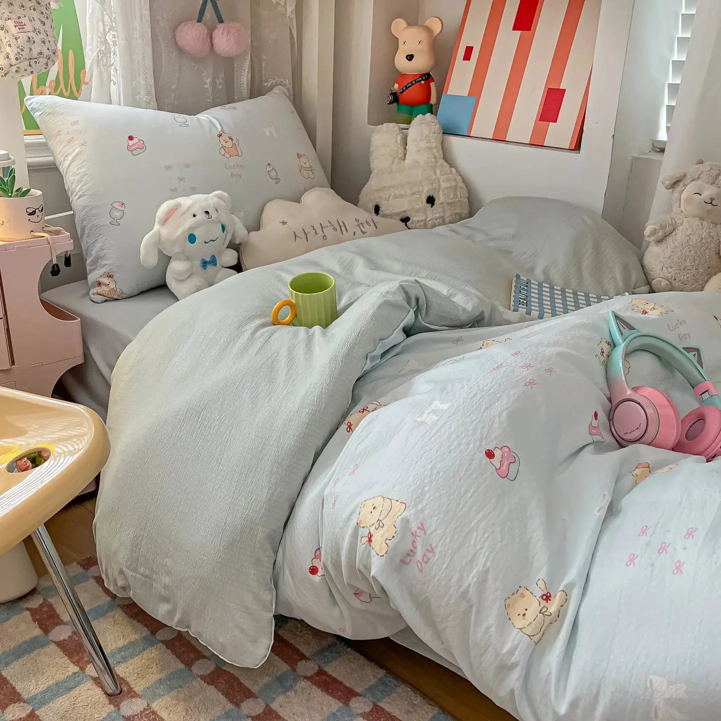 Cartoon color plaid bed sheet four-piece set student cute soft quilt cover dormitory three-piece set from PriceLows™