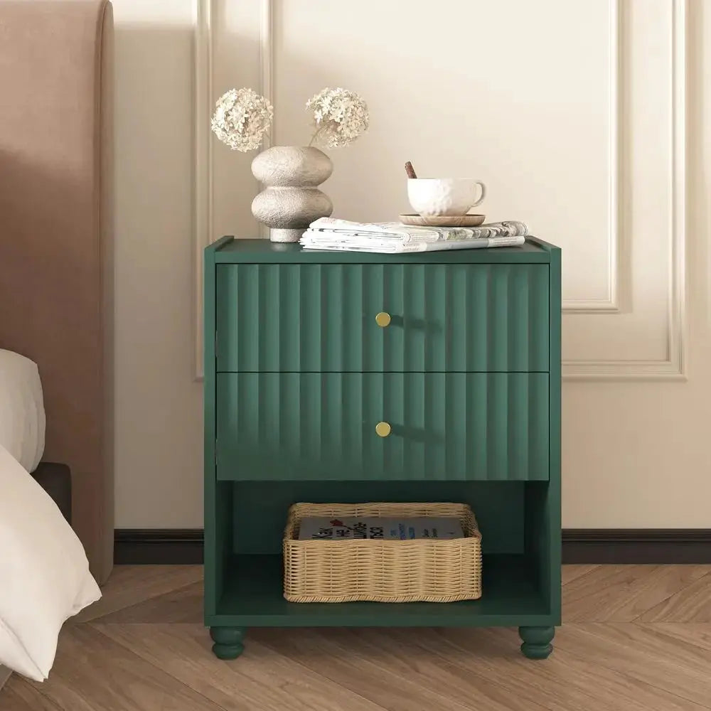 Green 2-Piece Nightstand Set with Open Shelf and 2 Drawers for Bedroom from PriceLows™