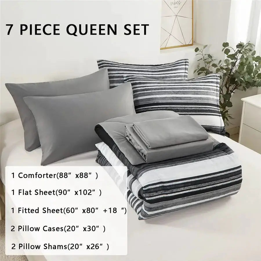 7 Piece Bed in a Bag Stripe Comforter Set Queen Size, White Grey Black Patchwork Striped Comforter and Sheet Set, All Season Sof from PriceLows™