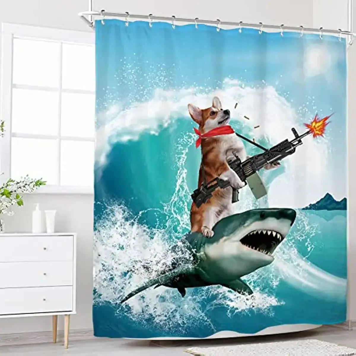 Funny Kids Shower Curtains For Bathroom Decor Corgi Cute Dog Riding Shark Nautical Ocean Boys Animal Hilarious Fabric Polyester from PriceLows™